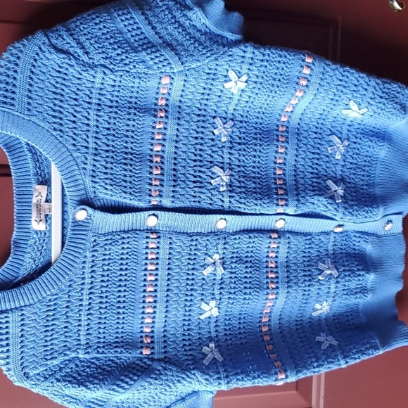 Nanette Lepore Textured Blue Cardigan with Subtle Pink Accents - Picture 2 of 10